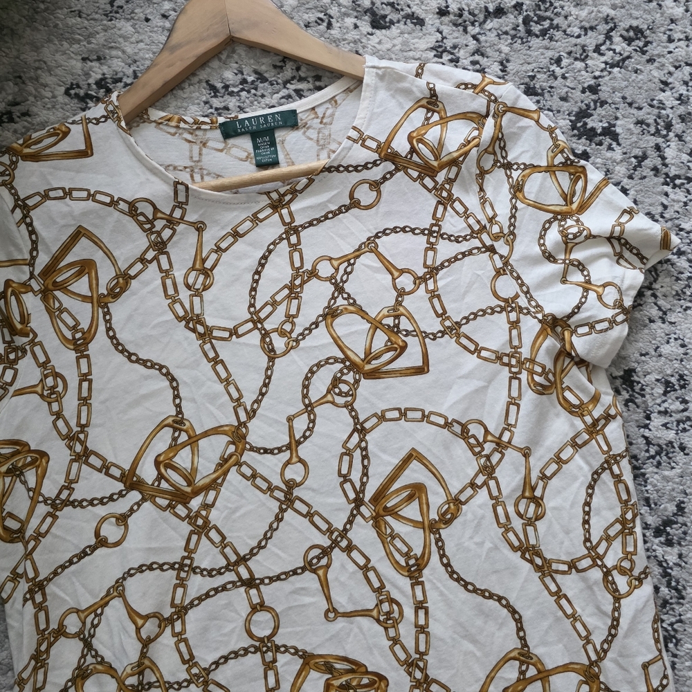 Lauren Ralph Lauren White Tee with Gold Chain Print